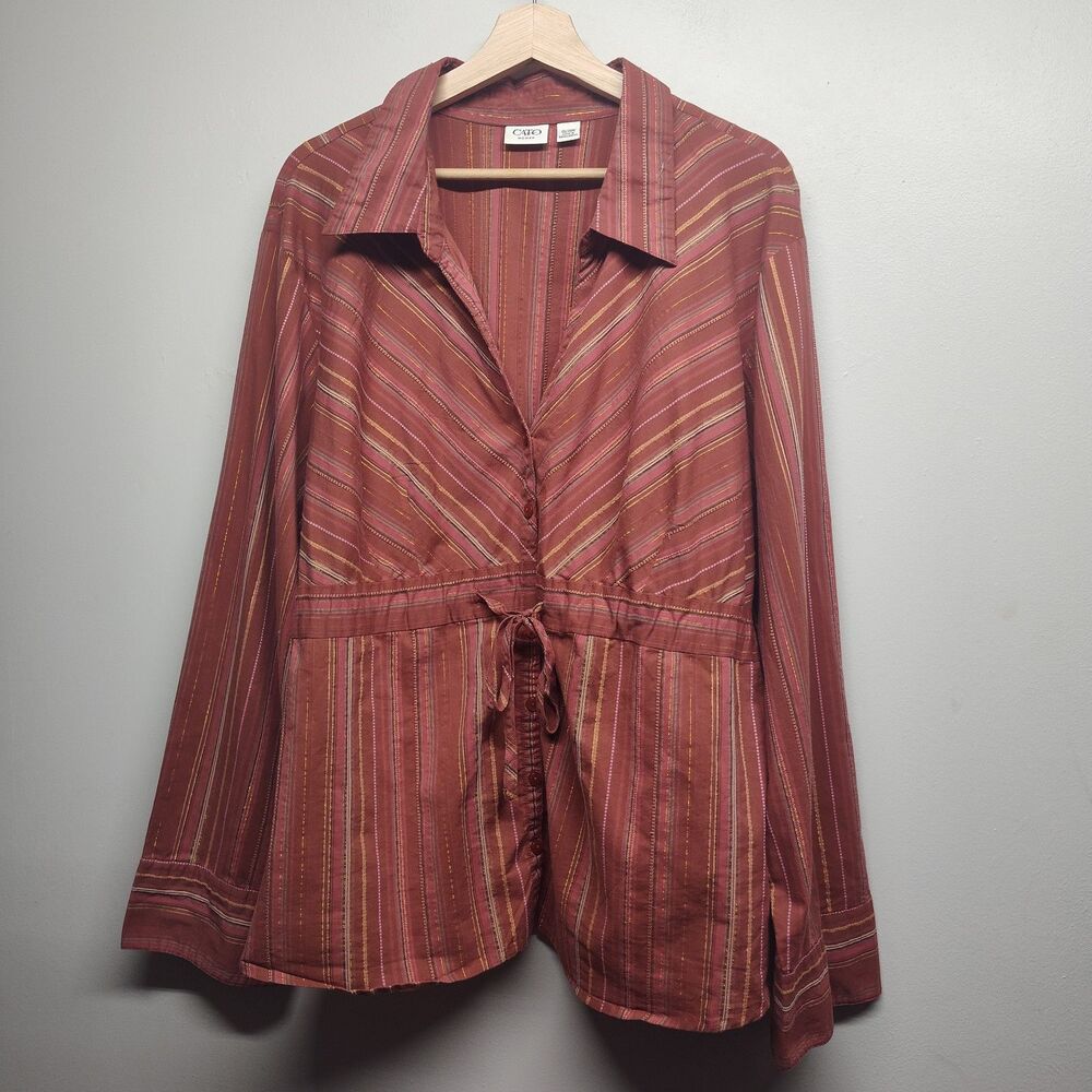 Cato Peplum Blouse Women Plus Size 26/28W Orange Stripes Long Sleeve Modest